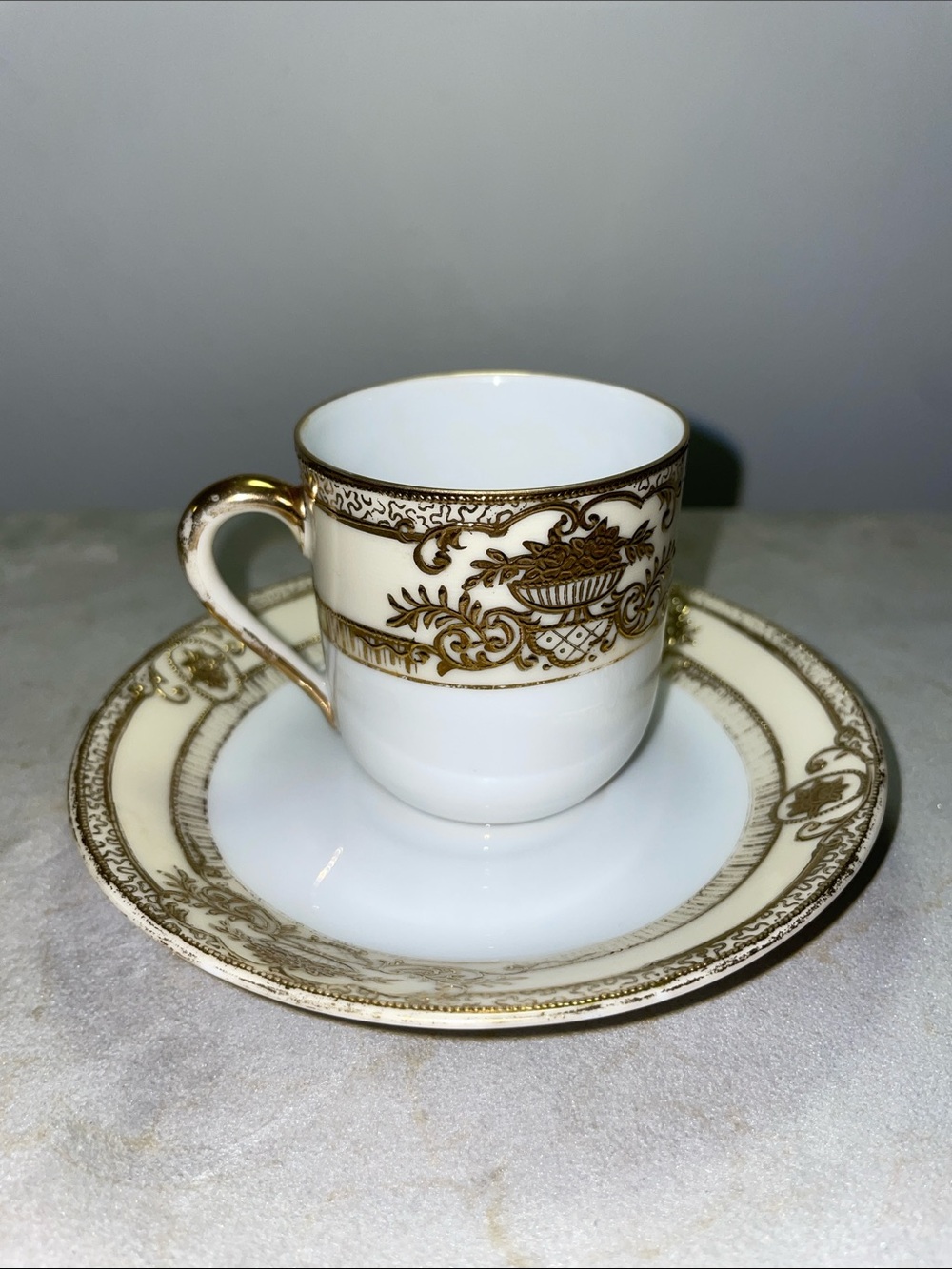 Noritake Japan Demitasse Fleurgold Cup & Sauce Hand Painted Embossed Gold Detail